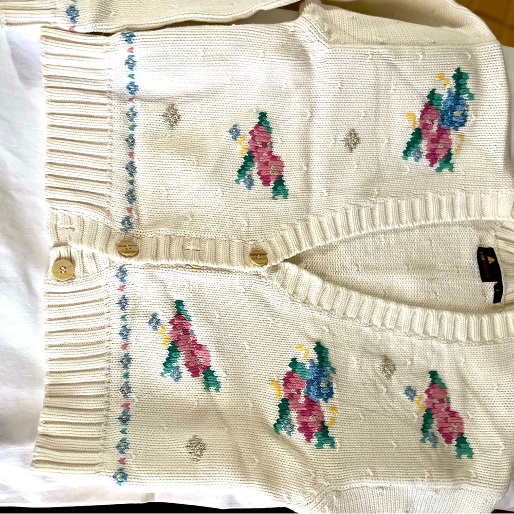 Vtg Hand-Knit Custom Ski Pattern lisport Folk Art Cardigan Sweater Womens Med